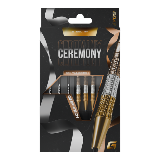Fléchettes en acier tungstène GOAT Ceremony Die Abbildung zeigt eine Packung „GOAT Ceremony Tungsten Steeldarts“. Die Verpackung hebt die Eigenschaften wie 90% Tungsten und Grip-Tech besonders hervor.