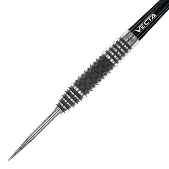 Fléchettes en acier Winmau Kairos 01 Das Bild zeigt einen Winmau Kairos 01 Steeldart mit einer markanten, geriffelten Oberfläche. Die hochwertige Verarbeitung und das moderne Design sind deutlich zu erkennen.