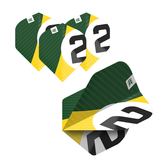 Das Bild zeigt fünf Sätze Target Pro Ultra Chicane No2 Standard Flights für Dartpfeile. Die Flights sind grün, gelb und weiß mit einer großen schwarzen "2" darauf.