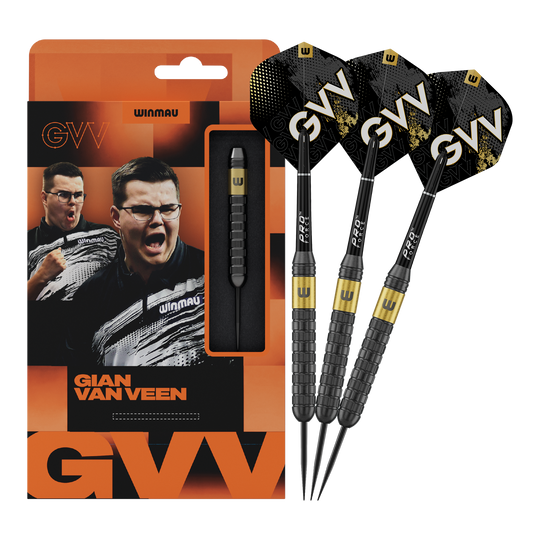 Winmau Gian Van Veen Core Brass Steeldards - 21g Auf diesem Bild sieht man Winmau Gian Van Veen Core Brass Steeldarts mit 21 Gramm. Die Dartpfeile liegen nebeneinander und sind gut erkennbar.