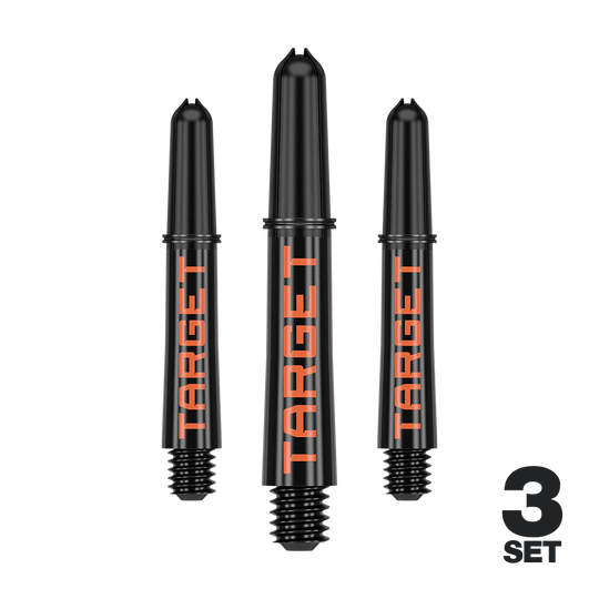 Tiges Target Pro Grip TAG - 3 jeux - Noir Orange Auf dem Bild sind drei schwarze Dartschäfte mit orangener "TARGET"-Aufschrift zu sehen. Unten rechts steht "3 SET", was darauf hinweist, dass es sich um ein Set aus drei Stück handelt.