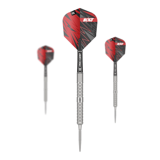 Fléchettes en acier Target Sebastian Bialecki GEN1 Swiss Point - 22 g Das Bild zeigt drei Steeldarts des Modells "Target Sebastian Bialecki GEN1 Swiss Point" mit einem Gewicht von 22g. Die Darts haben silberne Spitzen und Schäfte mit roten und schwarzen Flights.