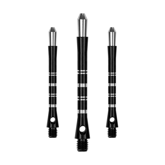 Das Bild zeigt drei schwarze Dartshafts der Marke Harrows Colette. Die Shafts haben silberne Akzente und ein schlankes, modernes Design.