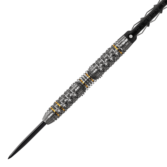 Fléchettes en acier Harrows Opus Das Bild zeigt einen Harrows Opus Steeldart. Der Dartpfeil hat ein silbernes, strukturiertes Design mit goldenen Akzenten.