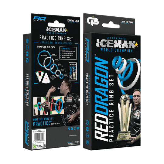 X0610_Red_Dragon_Gerwyn_Price_Practice_Rings_2 Auf dem Bild ist das Produkt „Red Dragon Gerwyn Price Practice Rings“ zu sehen. Die Verpackung zeigt blaue Übungsringe und ein Bild von Gerwyn Price mit einem Pokal.