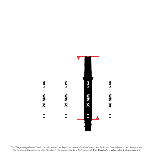 Das Bild zeigt verschiedene Längen von geraden Dartshafts, die in Millimetern angegeben sind. Die L-Shaft mit einer Länge von 39 mm ist in der Mitte hervorgehoben dargestellt.