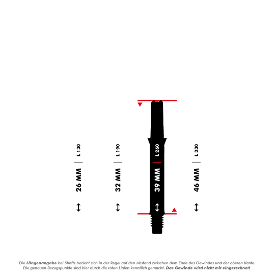 Arbres en L Silent Straight - Noir Das Bild zeigt verschiedene Längen von geraden Dartshafts, die in Millimetern angegeben sind. Die L-Shaft mit einer Länge von 39 mm ist in der Mitte hervorgehoben dargestellt.