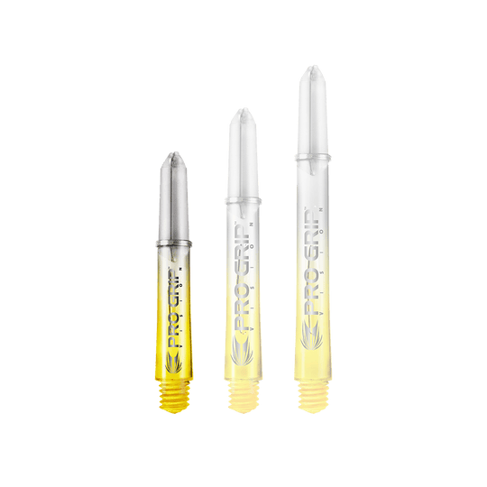 Tiges Target Pro Grip Vision - 3 jeux - Jaune Auf dem Bild sind drei durchsichtige Dartschäfte mit gelbem Ende abgebildet. Auf den Schäften steht "PRO GRIP VISION" und sie sind unterschiedlich lang.