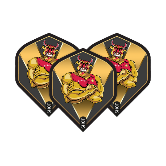 Shot de Michael Smith Bully Boy Gold Standard Flights Das Bild zeigt drei Dart-Flights mit einem muskulösen, roten Stier auf goldenem Hintergrund. Auf den Flights steht der Name „Bully Boy“ und unten das Wort „Shot“.