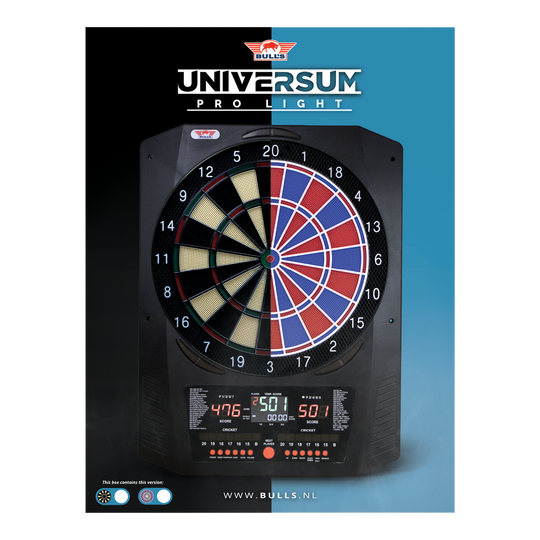Cible de fléchettes électronique Bulls NL Universum Pro Light - Bleu Rouge Hier sieht man das Bulls NL Universum Pro Light Elektronisches Dartboard in den Farben Blau und Rot. Dieses Dartboard bietet viele Spieloptionen.
