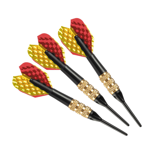 Harrows Mini Softdarts Auf dem Bild sind drei Harrows Mini Softdarts zu sehen. Sie haben schwarze Spitzen, goldene Griffe und rot-gelbe Flights.