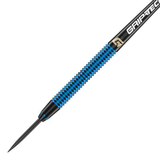 Fléchettes en acier GOAT Athlete en laiton bleu - 12 g Das Bild zeigt einen GOAT Athlete Blue Brass Steeldart mit einem Gewicht von 12g. Der Dart hat eine blaue geriffelte Oberfläche und eine schwarze Spitze.