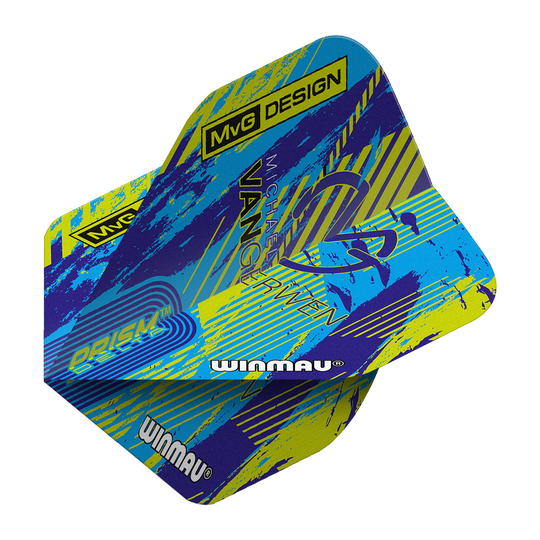 Winmau Delta Michael Van Gerwen Prism 04 Vols standard Das Bild zeigt die Winmau Delta Michael Van Gerwen Prism 04 Standard Flights. Das Design ist bunt mit blauen, gelben und violetten Akzenten sowie dem Schriftzug „MvG DESIGN“ und „Winmau“.