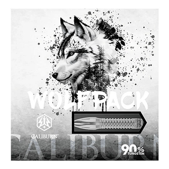 Fléchettes en acier Caliburn Wolfpack W4 - 20 g Das Bild zeigt die Verpackung der Caliburn Wolfpack W4 Steeldarts mit einem Wolf-Design. Auf der Verpackung steht, dass die Darts 20g wiegen und aus 90% Tungsten bestehen.