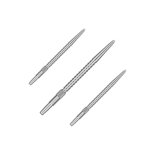 Pointes de fléchettes Target Swiss Point Chrono - Argent Das Bild zeigt drei silberne Dartspitzen, die nebeneinander angeordnet sind. Sie haben ein geriffeltes Muster für besseren Halt.