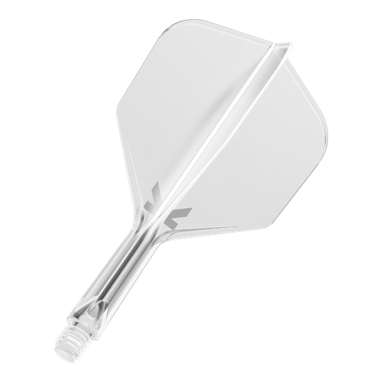 Système de vol Target K-Flex n° 6 - Transparent Das Bild zeigt ein durchsichtiges Dart-Flightsystem mit einem integrierten Schaft. Es ist vor schwarzem Hintergrund abgebildet.