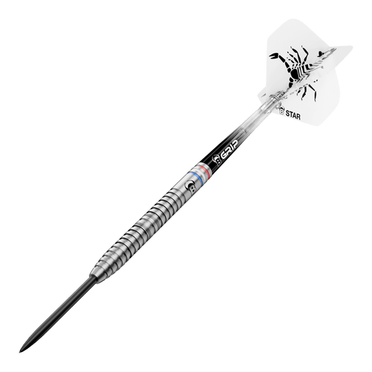Fléchettes en acier Kendji Steinbach Bulls Challenger - 23 g Abgebildet sind die Bulls Challenger Kendji Steinbach Steeldarts mit einem Gewicht von 23g. Die Darts haben ein markantes Design und sind speziell für Steeldart-Spieler entwickelt.
