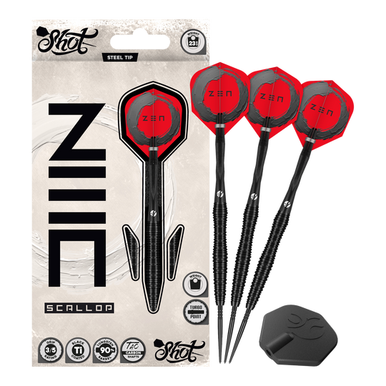 Fléchettes en acier Shot ZEN Scallop Turbo Point - 23 g Das Foto präsentiert die Shot ZEN Scallop Turbo Point Steeldarts - 23g in Gesamtansicht. Sie verbinden modernes Design mit hoher Treffsicherheit.