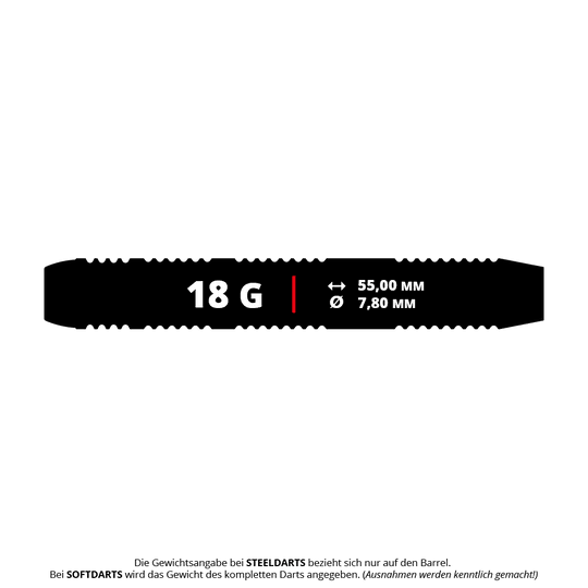 Fléchettes souples en laiton Target Josh Rock - 18 g Das Bild zeigt einen Target Josh Rock Brass Softdart mit einem Gewicht von 18 Gramm. Die Länge beträgt 55,00 mm und der Durchmesser 7,80 mm.
