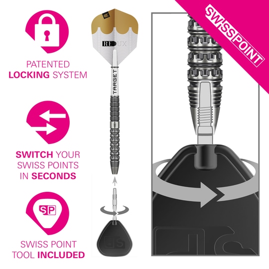 Fléchettes en acier Target Redux 01 Swiss Point Diese Abbildung zeigt die Target Redux 01 Swiss Point Steeldarts. Es handelt sich um hochwertige Steeldarts für Dartspieler.