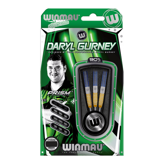 Fléchettes Winmau Daryl Gurney SC 1.0 Series - 23 g Das Bild zeigt die Winmau Daryl Gurney SC 1.0 Series Steeldarts mit einem Gewicht von 23 Gramm in der Verpackung. Auf der Verpackung ist ein Porträt von Daryl Gurney sowie die drei enthaltenen Darts zu sehen.