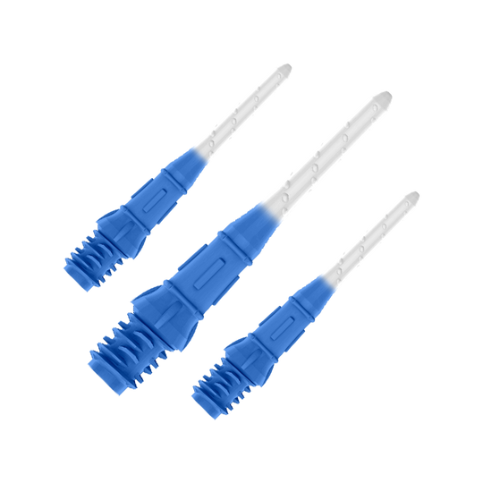L-Style Premium Bicolore Lippoints (Paquet de 30) Das Bild zeigt drei blaue und weiße Dartspitzen, die nebeneinander liegen. Die Spitzen haben ein zweifarbiges Design mit dunklem Blau am unteren Teil und Weiß am oberen Teil.