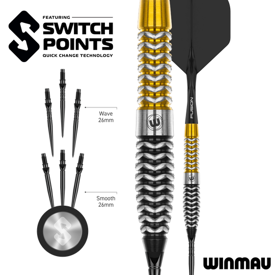 Das Bild zeigt vermutlich einen Winmau Exion Torpedo Switch Points Steeldarts aus einer anderen Perspektive. Es handelt sich um ein Produkt speziell für den Dartsport.