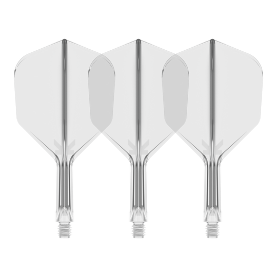 Système de vol Target K-Flex n° 6 - Transparent Auf dem Bild sind drei durchsichtige Dartflights mit integriertem Schaft zu sehen. Sie stehen nebeneinander vor schwarzem Hintergrund.
