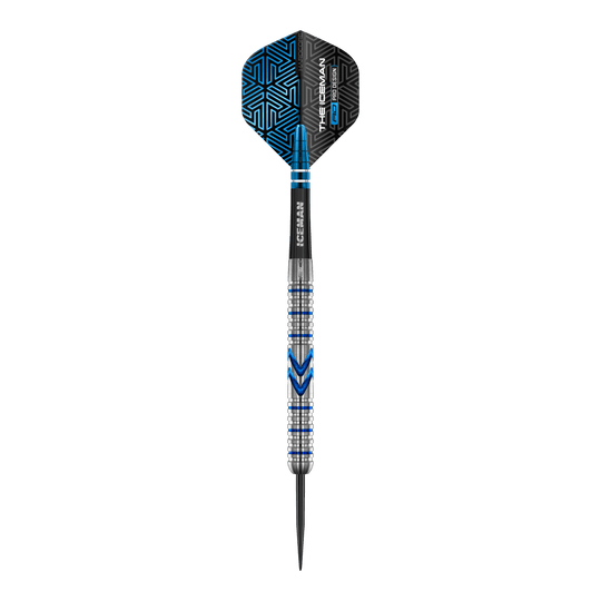 Fléchettes en acier Red Dragon Gerwyn Price Iceman Midnight Edition Das Bild zeigt einen Steeldart aus der Serie "Red Dragon Gerwyn Price Iceman Midnight Edition". Der Dart hat ein silbernes und blaues Design mit schwarzen Akzenten auf dem Flight.