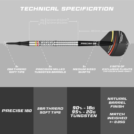 Fléchettes souples Precise 180 Ricardo Pietreczko GEN1 Precise 180 Ricardo Pietreczko GEN1 Softdarts sind Softdarts mit besonderem Design. Sie eignen sich perfekt für elektronische Dartboards.