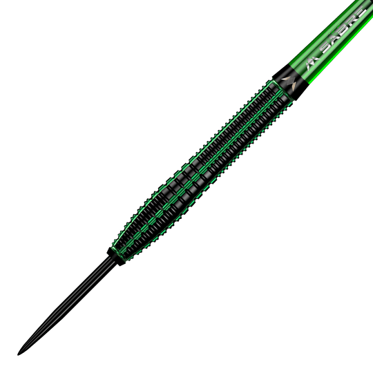 Fléchettes en acier Mission Venom Das Bild zeigt einen Mission Venom Steeldart mit einem schwarzen und grünen Design. Der Dartpfeil hat eine schlanke Form und auffällige grüne Akzente entlang des Schafts.