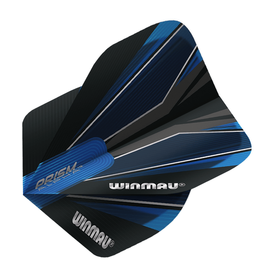 Das Bild zeigt das Produkt "Winmau Prism Alpha Blue Standard 2 Flights". Die Flights sind überwiegend blau und schwarz mit dynamischen Linien und dem Winmau-Logo bedruckt.