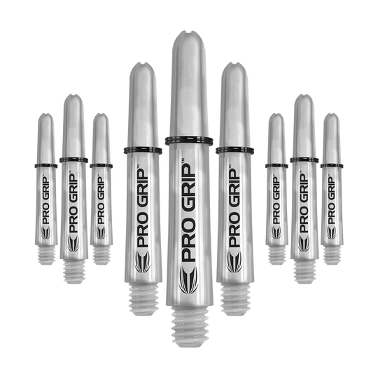 Tiges Target Pro Grip - 3 jeux - Transparent Das Bild zeigt neun transparente Dartschäfte mit der Aufschrift "Pro Grip". Sie sind in drei Reihen angeordnet, wobei die mittleren Schäfte am größten sind.