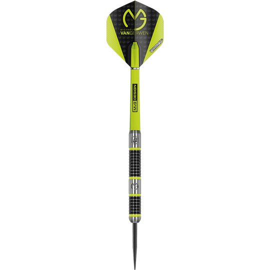 1444_Winmau_Michael_Van_Gerwen_MvG_Aspire_Steeldarts_1Nil84yDfIlUFW Das Bild zeigt einen "Winmau Michael Van Gerwen MvG Aspire Steeldart". Der Dart ist gelb und schwarz gestaltet und trägt das MvG-Logo.