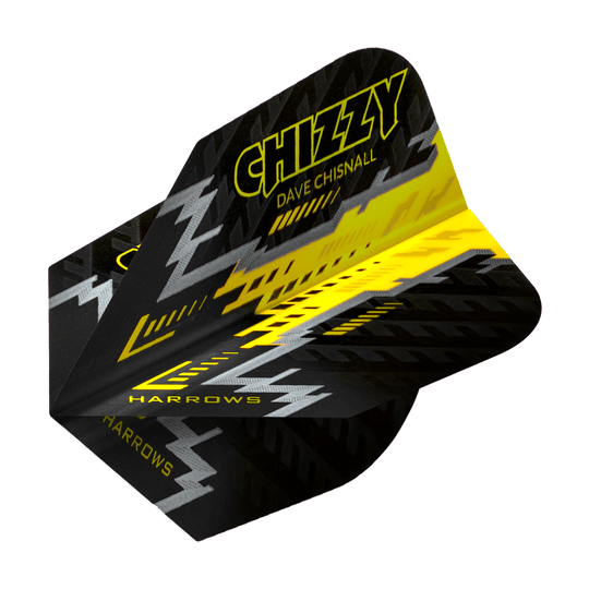 HR7532_Harrows_Dave_Chisnall_Prime_Schwarz_Gelb_No6_Flights_2 Das Bild zeigt ein Dartflight mit schwarzem, gelbem und silbernem Design. Auf dem Flight steht "Chizzy Dave Chisnall" sowie "Harrows".