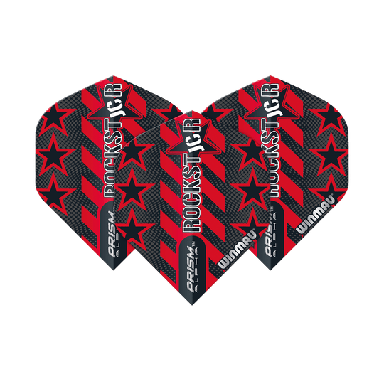 6915-198_Winmau_Prism_Alpha_Joe_Cullen_Standard_Flights_16PdMlGDDhoB0C Das Bild zeigt die Winmau Prism Alpha Joe Cullen Standard Flights. Die Flights sind schwarz und rot mit Sternen und dem Schriftzug "ROCKSTAR" gestaltet.