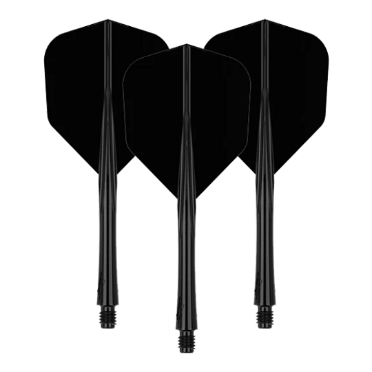 Système de vol Caliburn SUP Lite No6 Das Bild zeigt drei schwarze Dart-Flights mit Schäften. Sie sind in einer aufrechten Position nebeneinander angeordnet.