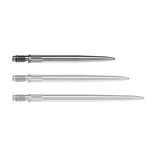 Pointes de fléchettes Mission R2.5 Rapid Point SM1 - Argent Eine silberne Dartspitze liegt vor weißem Hintergrund. Die Spitze ist eine Mission R25 Rapid Point SM1 mit einer Länge von 30mm.