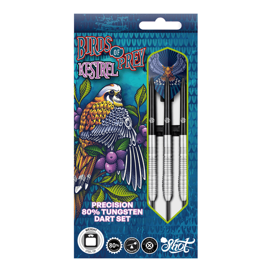Fléchettes en acier Kestrel pour oiseaux de proie Das Bild zeigt die Verpackung der "Shot Birds Of Prey Kestrel Steeldarts". Auf der Verpackung ist ein bunter Vogel abgebildet, und die Darts bestehen aus 80% Tungsten.