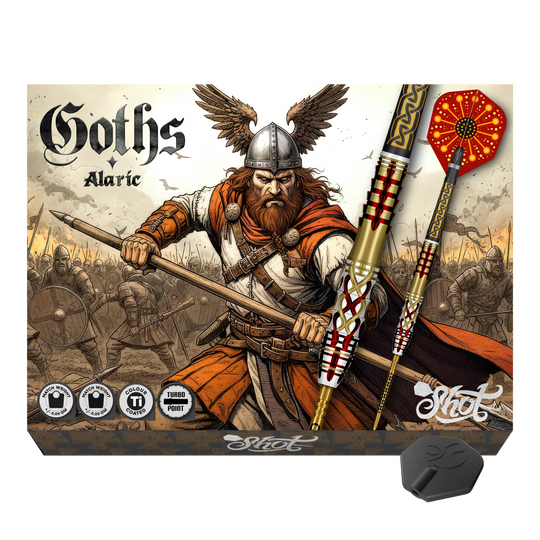 Fléchettes en acier Shot Goths Alaric Turbo Point - 23 g Hier sieht man die Shot Goths Alaric Turbo Point Steeldarts - 23g. Sie sind ideal für Präzision und Kontrolle.