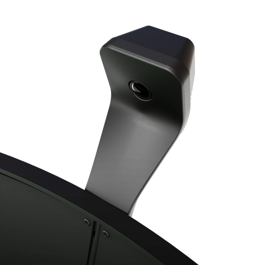 Scolia Home 2 FLEX - Système de notation électronique automatique avec anneau lumineux 2026 Das Bild zeigt einen Teil des Scolia Home 2 FLEX Electronic Score Systems mit Beleuchtungsring. Zu sehen ist eine schwarze Kameraeinheit, die am oberen Rand eines Dartboards befestigt ist.