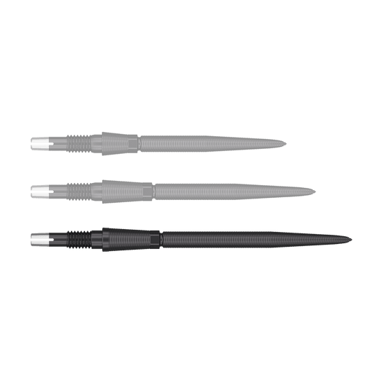 Target Swiss Storm Nano Point Dartspitzen - Schwarz Das Bild zeigt drei schwarze Dartspitzen mit silbernen Enden, die nebeneinander liegen. Die Spitzen sind lang, schmal und haben eine geriffelte Struktur.