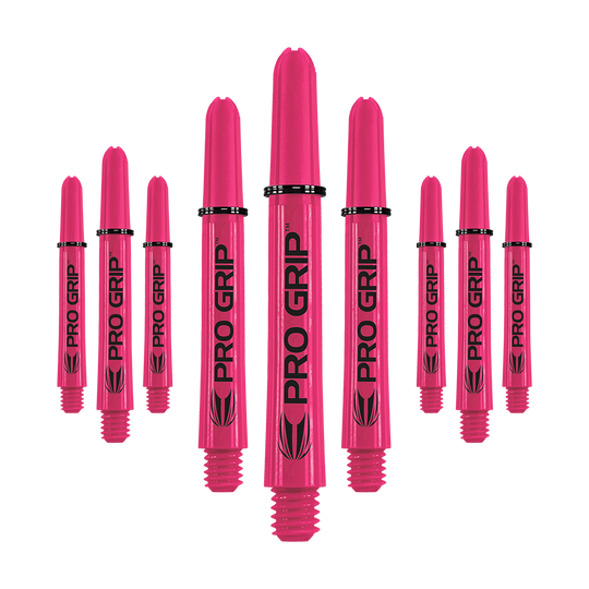 Tiges Target Pro Grip - 3 jeux - Rose Das Bild zeigt neun pinke Dartshafts mit der Aufschrift "PRO GRIP". Die Shafts sind in drei Reihen angeordnet und heben sich deutlich vor dem weißen Hintergrund ab.