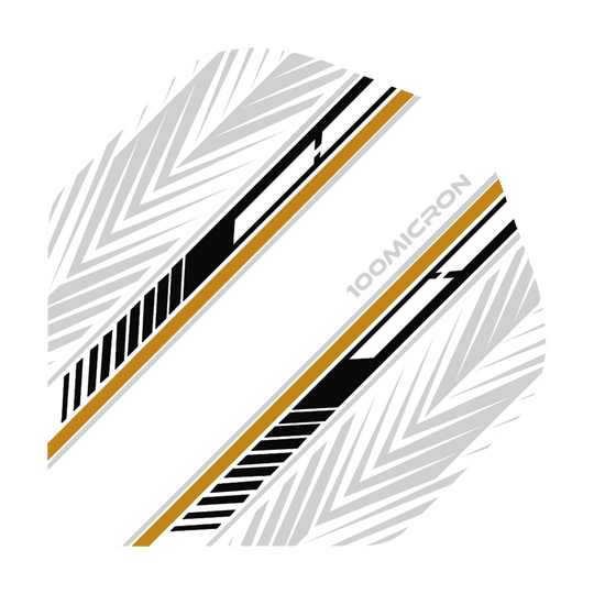 Vols de Pentathlon blanc/noir/or Das Bild zeigt das Produkt "Pentathlon White Black Gold No2 Standard Flights". Das Flight ist überwiegend weiß mit schwarzen, goldenen und grauen Mustern sowie der Aufschrift "100 MICRON".