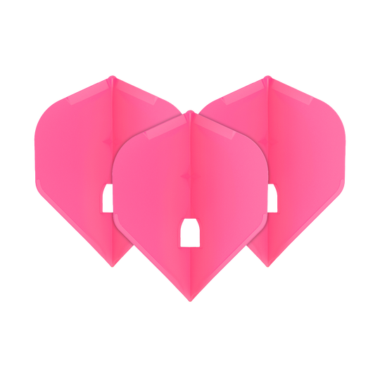 L-Style Champagne L1PRO Flights Das Bild zeigt drei pinke Dartflights in einer Standardform. Sie sind ordentlich nebeneinander angeordnet.