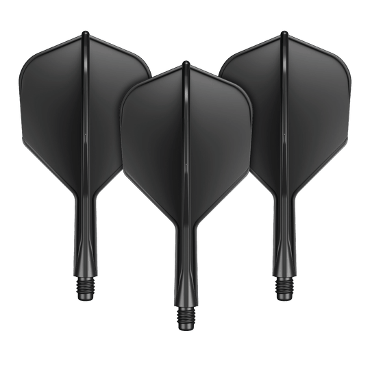 Système d'arbre de vol GOAT A1R No6 - Noir Das Bild zeigt drei schwarze Dart-Flights mit integriertem Shaft. Sie sind nebeneinander angeordnet und verfügen über einen kurzen Schaft mit Schraubgewinde.