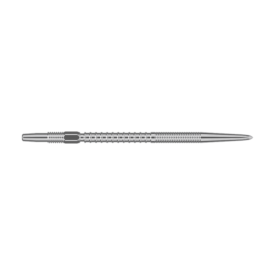 Pointes de fléchettes Target Swiss Firepoint Silver Das Bild zeigt eine silberne Dartspitze mit einem gerillten, strukturierten Design. Sie ist lang und schmal, mit einer spitzen Spitze am rechten Ende.