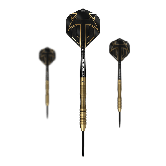 Fléchettes Mission Viktor Tingstrom en acier doré - 22 g Mission Viktor Tingstrom Gold Steeldarts - 22g als Set dargestellt. Das Foto zeigt das komplette Set der Steeldarts.