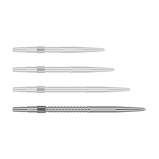 Pointes de fléchettes Target Swiss Firepoint Silver Das Bild zeigt vier silberne Dartspitzen, die nebeneinander liegen. Sie sind gleich lang und haben eine feine Riffelung für besseren Halt.