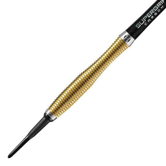 Fléchettes souples Harrows édition anniversaire V-Wing - 18 g Das Bild zeigt einen goldfarbenen Softdart der Marke Harrows, Modell Anniversary Edition V-Wing mit 18g Gewicht. Der Dart hat eine strukturierte Griffzone und eine schwarze Kunststoffspitze.